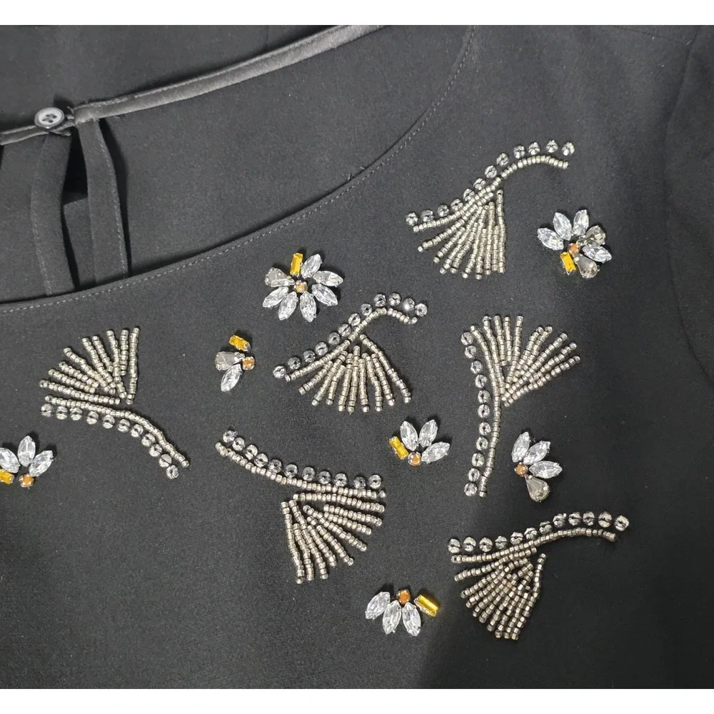 Lafayette 148 New York Caddie Embellished Blouson Sleeve Blouse‎ Black Size 16